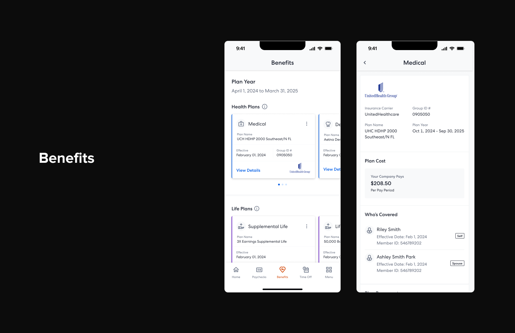 Benefits overview with plan cards, coverage details, and digital ID